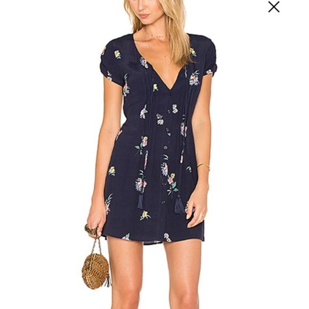 REVOLVE Navy Floral V-Neck Mini Dress